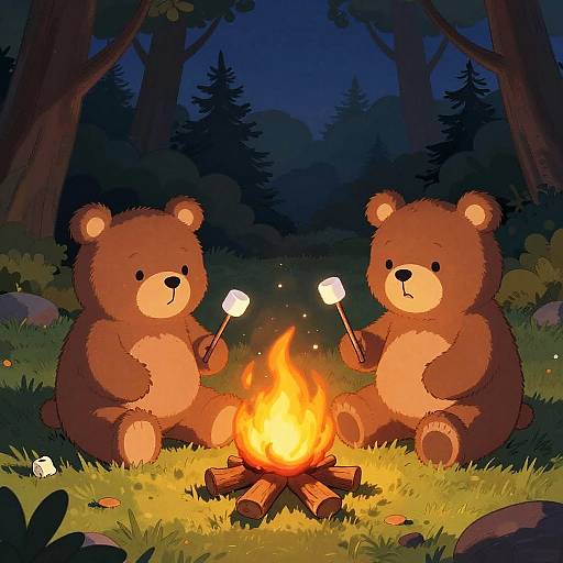 Cozy Cartoon Bear Family Campfire