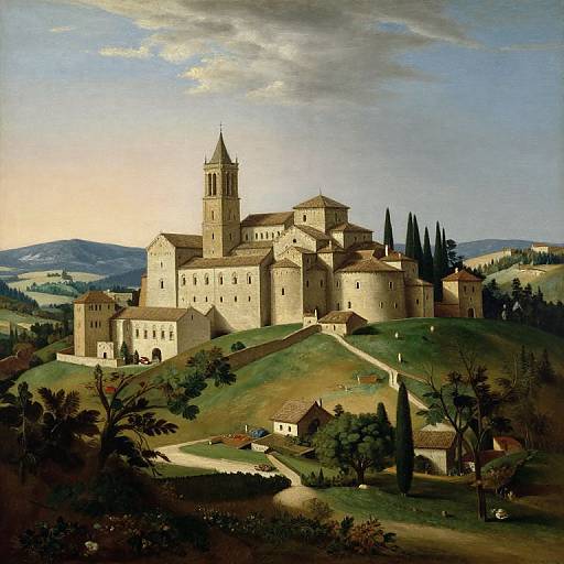 Photorealistic painting of a medieval stone castle with a tall bell tower, perched on a lush, green hill with scattered trees, and a distant