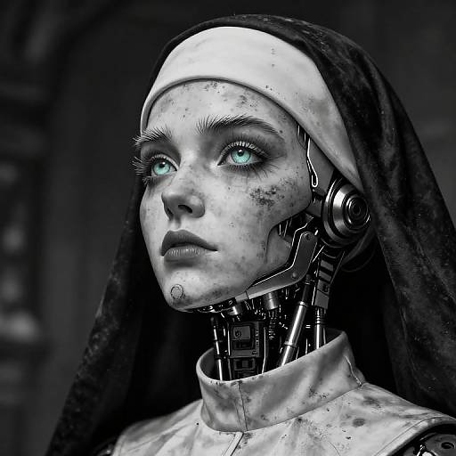 Digital artwork of a cybernetic nun with glowing blue eyes, mechanical neck, and realistic human face, wearing a black and white habit.