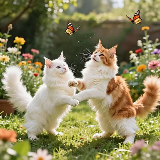Photograph of two fluffy cats, one white and one orange, standing on hind legs, reaching for two butterflies in a vibrant, sunlit garden filled