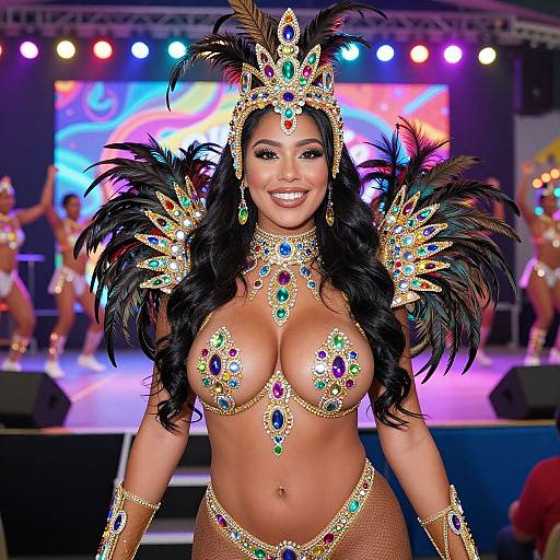 Photograph of a smiling, dark-haired woman with large breasts, wearing a glittering, feathered Mardi Gras-style costume, adorned with colorful