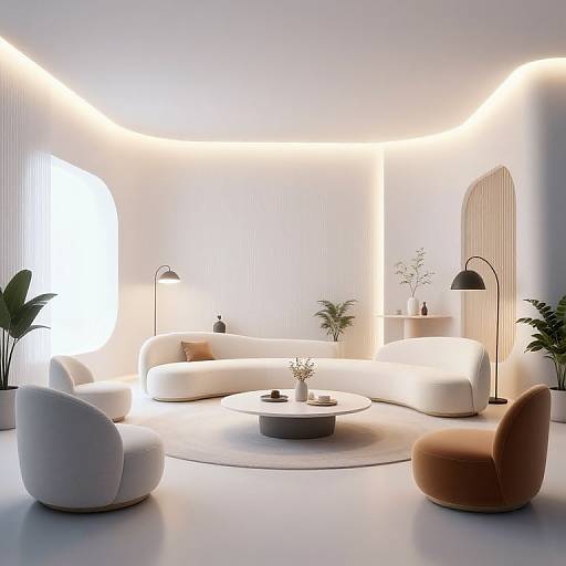 Modern minimalist living room with white curved sofas, recessed lighting, two black lamps, potted plants, and a round coffee table.