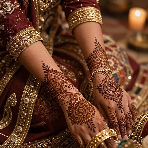 Photograph of a woman's hands adorned with intricate black henna designs, wearing gold jewelry and a maroon embroidered outfit, with a softly lit candle