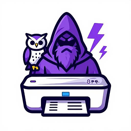 Digital cartoon of a purple-bearded, hooded figure with a menacing expression, using an 8-bit printer, accompanied by a small, white and