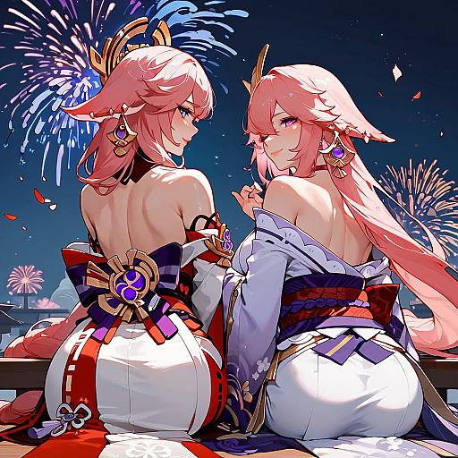 Genshin Impact Two Girls Fireworks