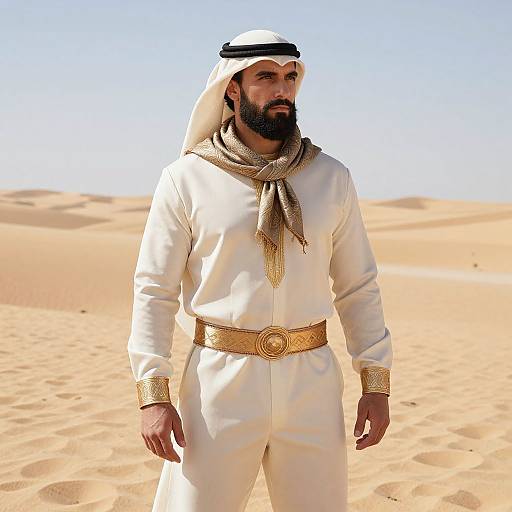 Photograph of a bearded Middle Eastern man with a white thobe, golden belt, and headscarf standing in a sunlit desert.