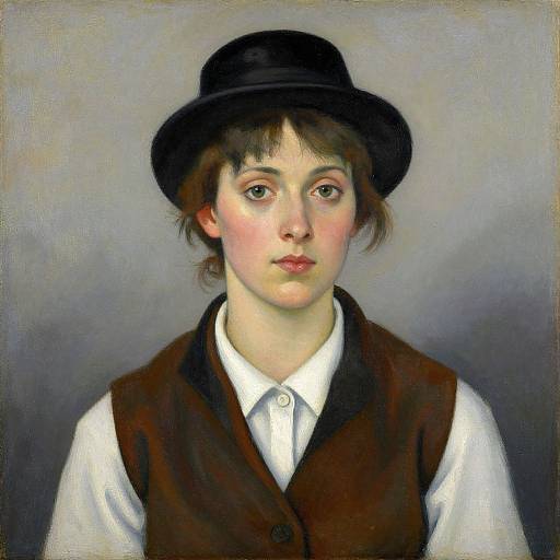 Oil painting of a young woman with fair skin, brown eyes, and short brown hair, wearing a black hat, white shirt, and brown vest,