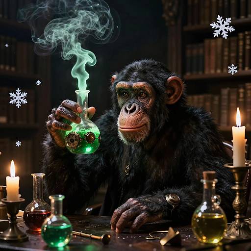 Photograph of a black-furred chimpanzee in a dimly lit library, holding a green glowing flask with smoke, surrounded by candles and glass bottles
