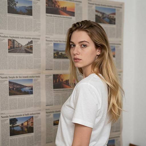 Blonde Woman Glancing at Clippings Wall