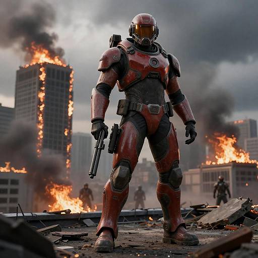 Futuristic Armored Soldier on Burning City Rooftop