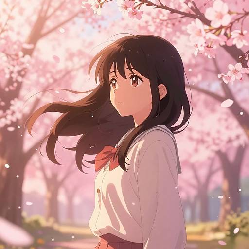 Anime-style digital illustration of a young girl with long black hair, wearing a white shirt and red bow, standing under blooming cherry trees with a serene