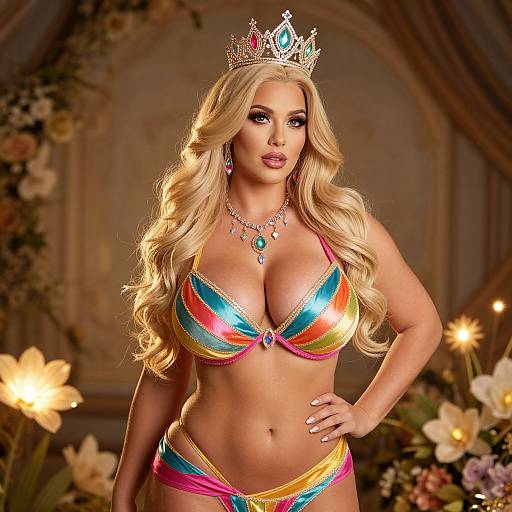 Photograph of a blonde, curvy woman with large breasts, wearing a colorful, shiny bikini, crown, and jewelry, standing in a floral-ad