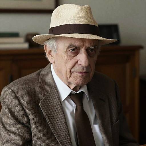 Elderly Man in Straw Hat and Suit