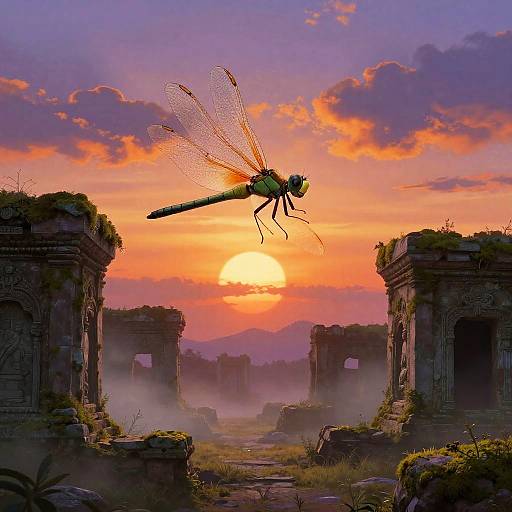 Digital artwork of a vibrant dragonfly with translucent wings flying between ancient, weathered ruins at sunset, with a fiery orange and purple sky.