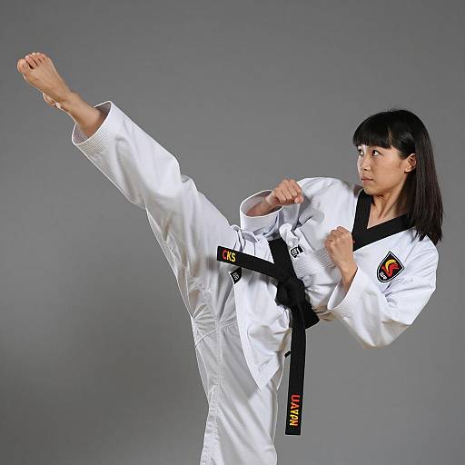 Asian Woman Practicing Karate High Kick