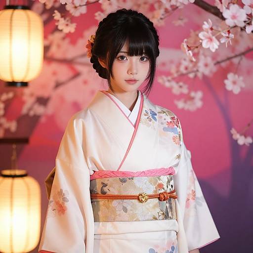 Photograph of a young Japanese woman in a white floral kimono with pink and gold accents, standing in front of cherry blossoms and lanterns,