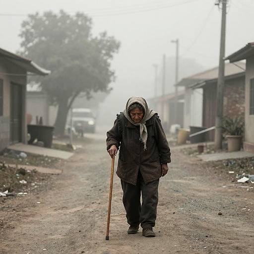 Elderly Woman in Foggy Village