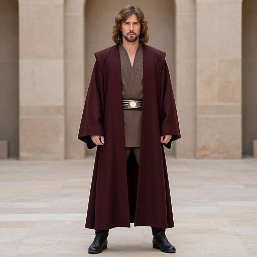 Photograph of a bearded man with long brown hair, wearing a dark purple Jedi robe, brown tunic, black pants, and black boots,