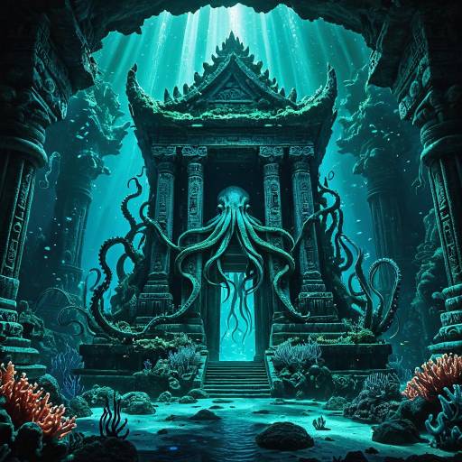 Ancient Underwater Temple with Bioluminescent Squid