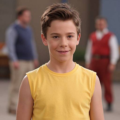 Photograph of a young boy with short brown hair, smiling, wearing a sleeveless yellow shirt, standing in a blurred indoor background with two men in