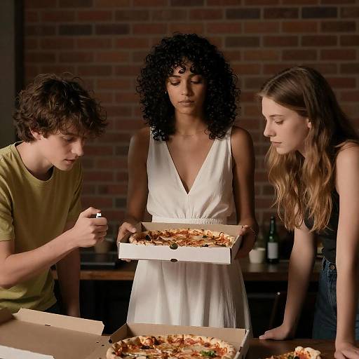 Nighttime Pizza Gathering in Dim Room