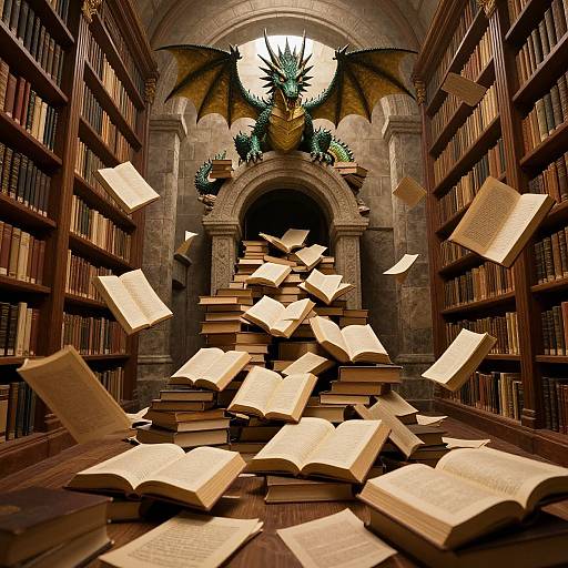 Dragon Spewing Books in Ancient Library