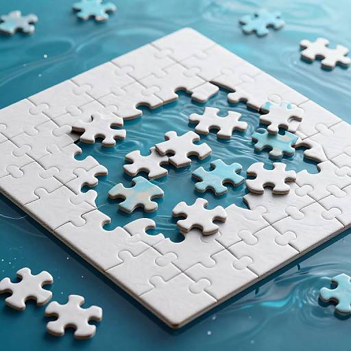 Photograph of a partially assembled white puzzle on a blue, circuit-patterned surface with scattered white puzzle pieces.