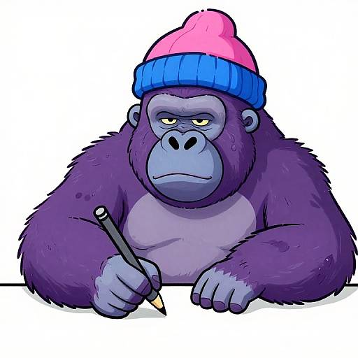 Cartoon gorilla with purple fur, blue and pink beanie, holding pencil, looking unimpressed, drawing on white background.