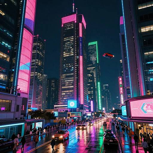 Neon-lit, futuristic cityscape photograph of a bustling nighttime street with colorful skyscrapers, crowded pedestrians, and illuminated cars reflecting vibrant lights.