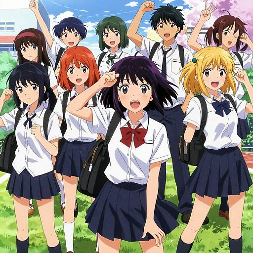 Anime-style illustration of seven cheerful high school students in white shirts and blue skirts, raising arms in a sunny, grassy field.
