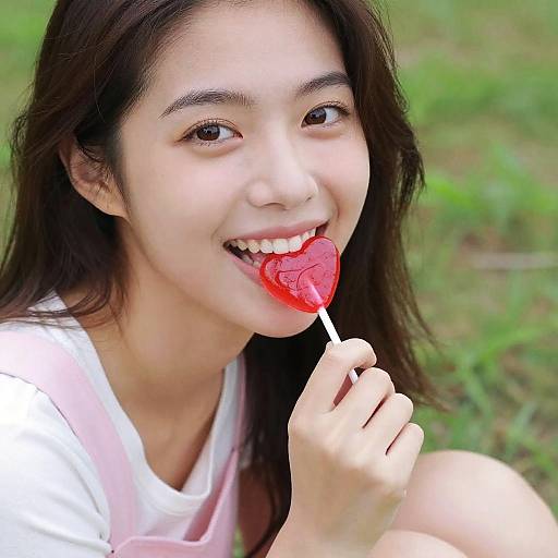Smiling Woman with Heart Lollipop