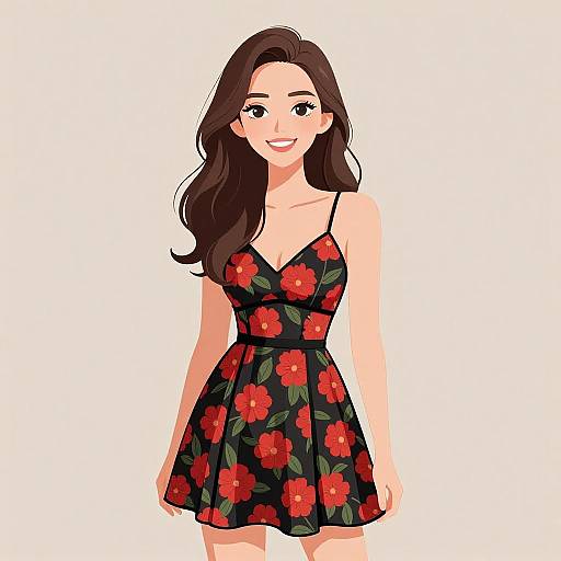 Digital illustration of a smiling woman with long brown hair, wearing a black floral dress with red flowers and green leaves.