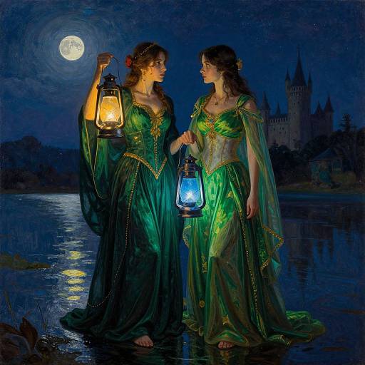 Two ethereal women in green, glowing dresses hold lanterns, gazing at each other under a full moon beside a castle. Digital painting.