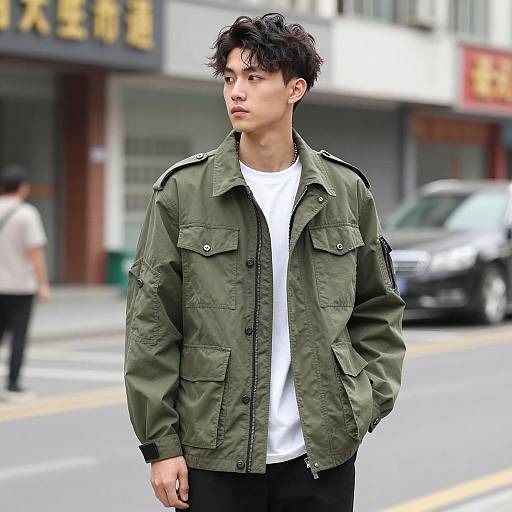 Young Man in Military-Inspired Jacket on Urban Street