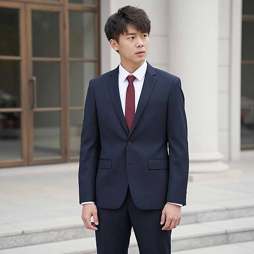 Photograph of a young Asian man in a black suit, white shirt, and red tie, standing in front of a modern building with large glass windows