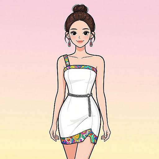 Chic Woman in Patterned White Dress