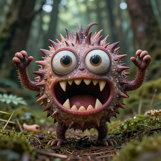 Photorealistic CGI image of a spiky, purple, cartoonish forest monster with large, bulging eyes, sharp teeth, and raised claws in