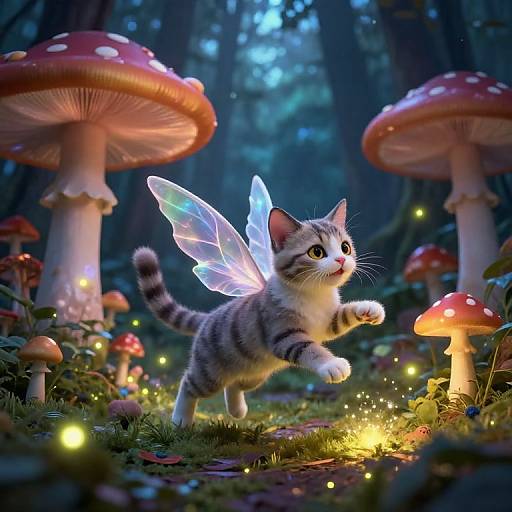 Magical tabby kitten with glowing fairy wings runs through a forest of glowing mushrooms, surrounded by twinkling fireflies. Digital art.