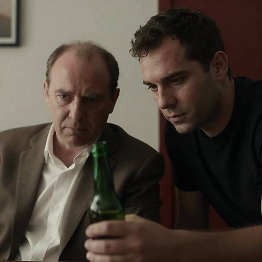 Two Men Examining Green Bottle Indoors