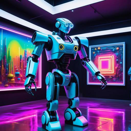 Neon Robot Painter in Art Gallery Neon Robot Painter in Art Gallery