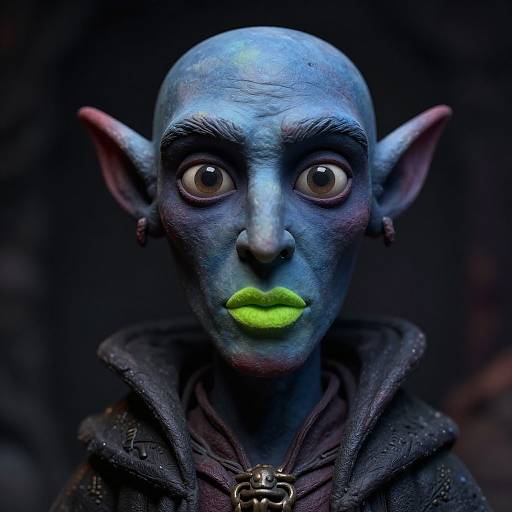 Photograph of a blue-skinned, bald, elf-like creature with large ears, bright green lips, and wide eyes, wearing a dark hooded