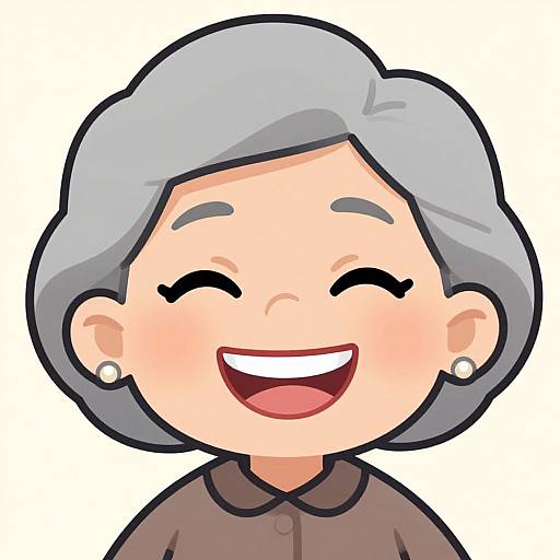 Cartoon-style drawing of a smiling elderly woman with gray hair, closed eyes, round cheeks, small pearl earrings, and brown shirt.