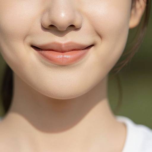 Close-up photograph of an Asian woman's face, focusing on her smooth, fair skin, glossy pink lips, and subtle smile, with a blurred green