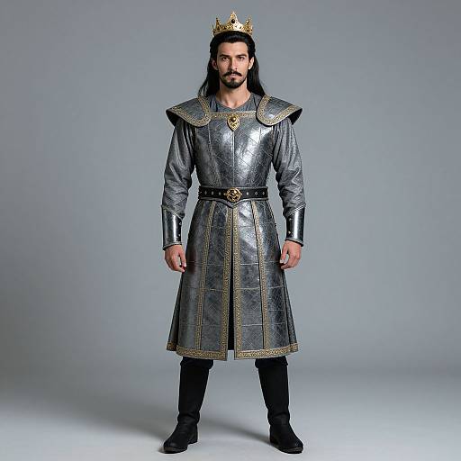 Photograph of a bearded man with long black hair, wearing a silver, gold-trimmed medieval-style tunic, black pants, and a