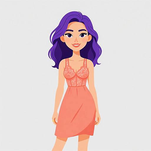 Digital illustration of a smiling woman with purple hair, wearing a pink lace-trimmed, sleeveless dress, standing against a plain white background.