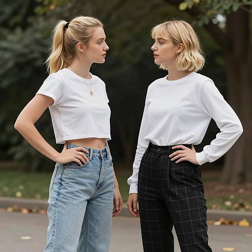 Two Blonde Women Facing Each Other Outdoors