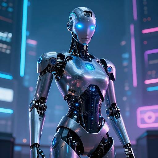 Futuristic Humanoid Robot in Cyberpunk City