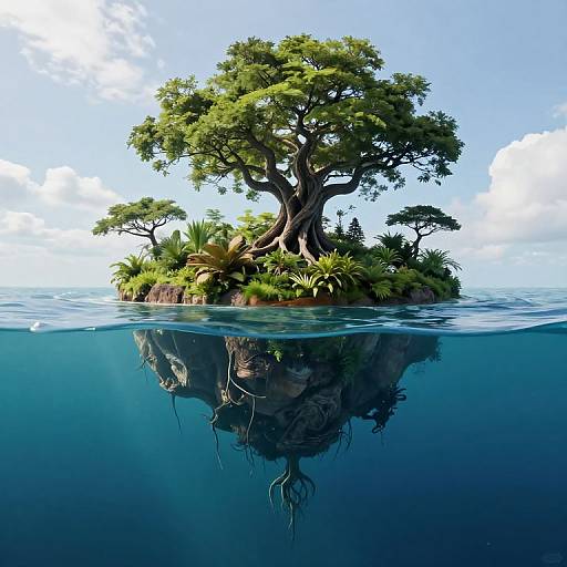 Digital artwork of a lush island with a large tree, surrounded by water, showing both above and below water reflections.