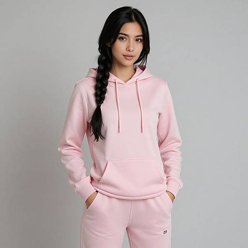 Photograph of a young woman with long black hair in a braid, wearing a light pink hoodie and matching pants, standing against a light blue background