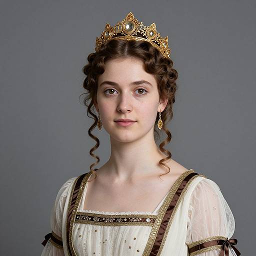 Photograph of a young woman with fair skin, dark curly hair, and a gold crown, wearing a white, gold-trimmed Renaissance-style dress
